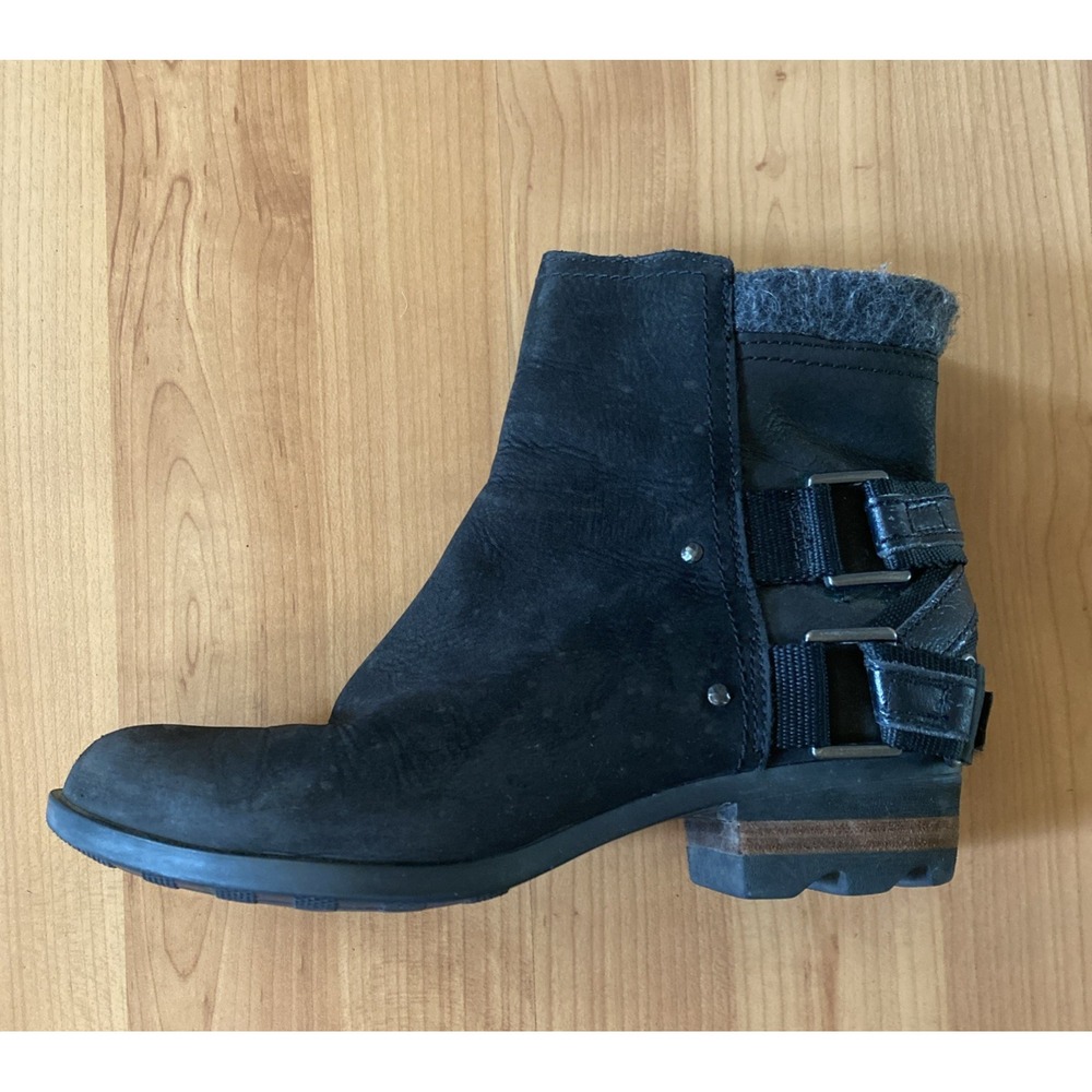 Sorel Lolla Womens 7.5 Black Suede Leather Ankle Boots Buckle Zip Waterproof